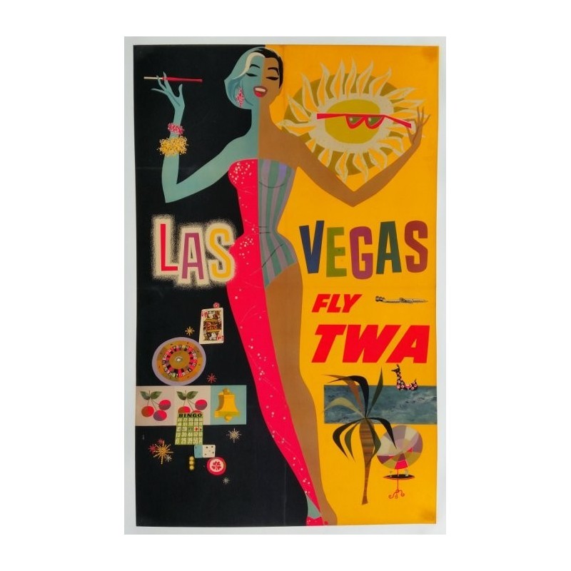 Affiche originale TWA Las Vegas avec avion Lockheed Constellation - David Klein