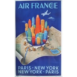 Affiche originale Air France PARIS - NEW YORK - Alphonse DEHEDIN - Ref 431 / P. / 2-50