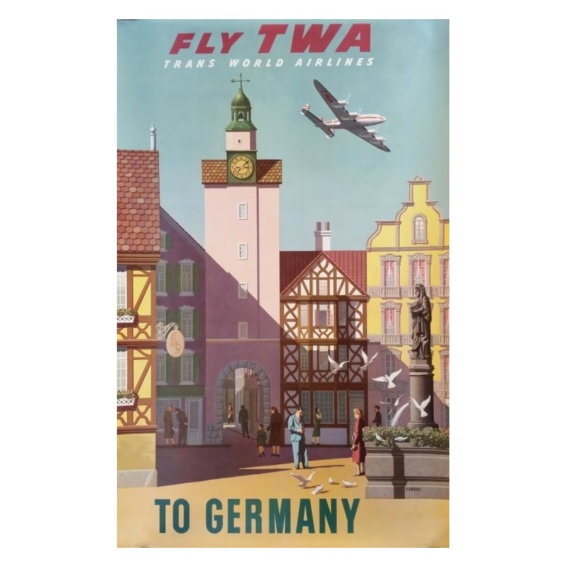 Affiche ancienne originale Fly TWA to Germany - S GRECO