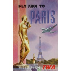 Affiche ancienne originale Fly TWA to PARIS Trans World Airlines - David KLEIN