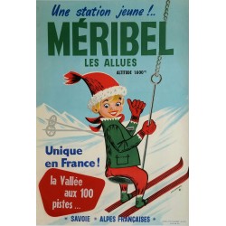 Affiche ancienne originale ski sports d'hiver Méribel Las Allues Savoie Alpes Française - DRUMMOND