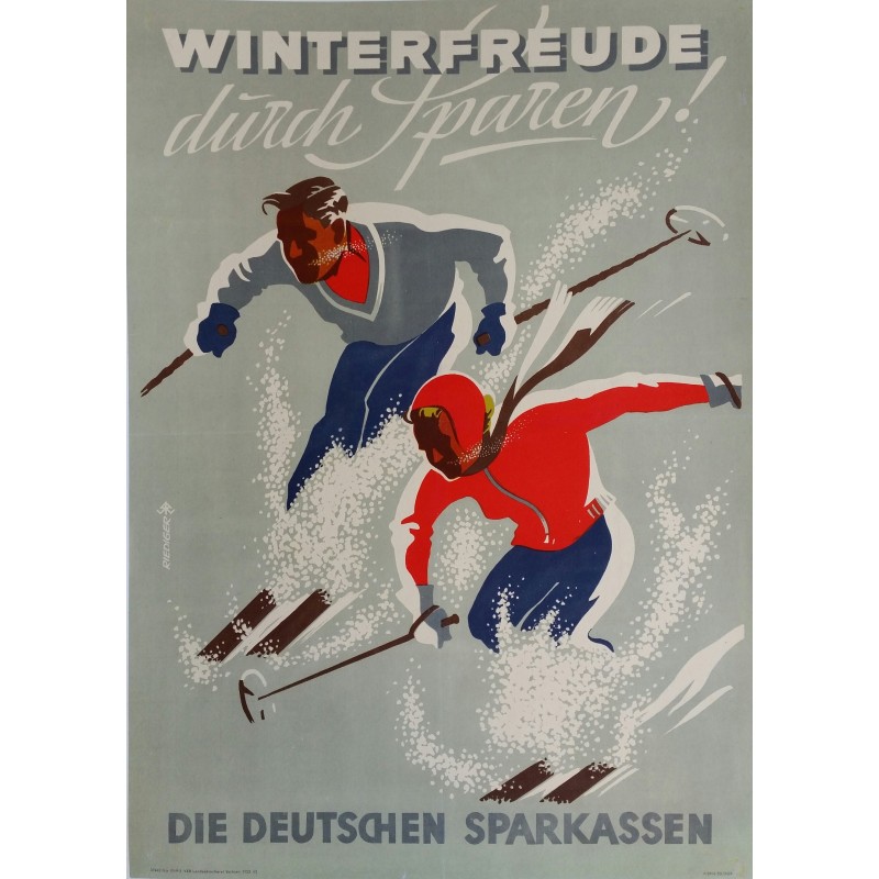 Affiche originale ski sport d'hiver Winterfreude durch Sparen Die Deutschen Sparkassen DDR