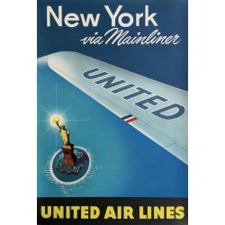 Affiche originale United Airlines New York via Mainliner