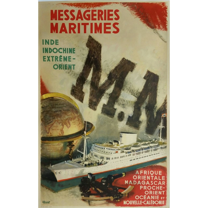 Affiche ancienne originale Messageries Maritimes Inde Indochine Extrême Orient - Albert BRENET
