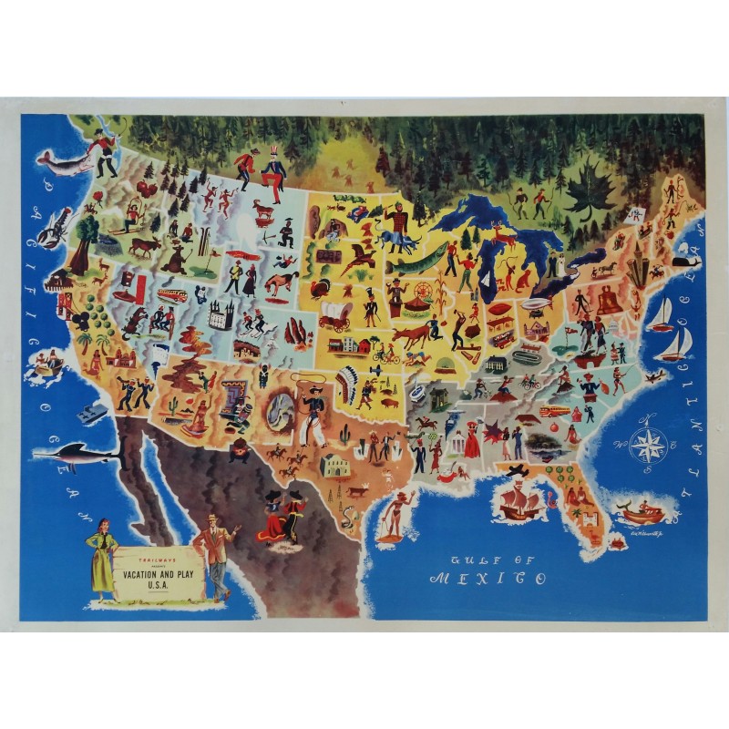Original vintage poster Trailways presents vacation and play USA - 1949