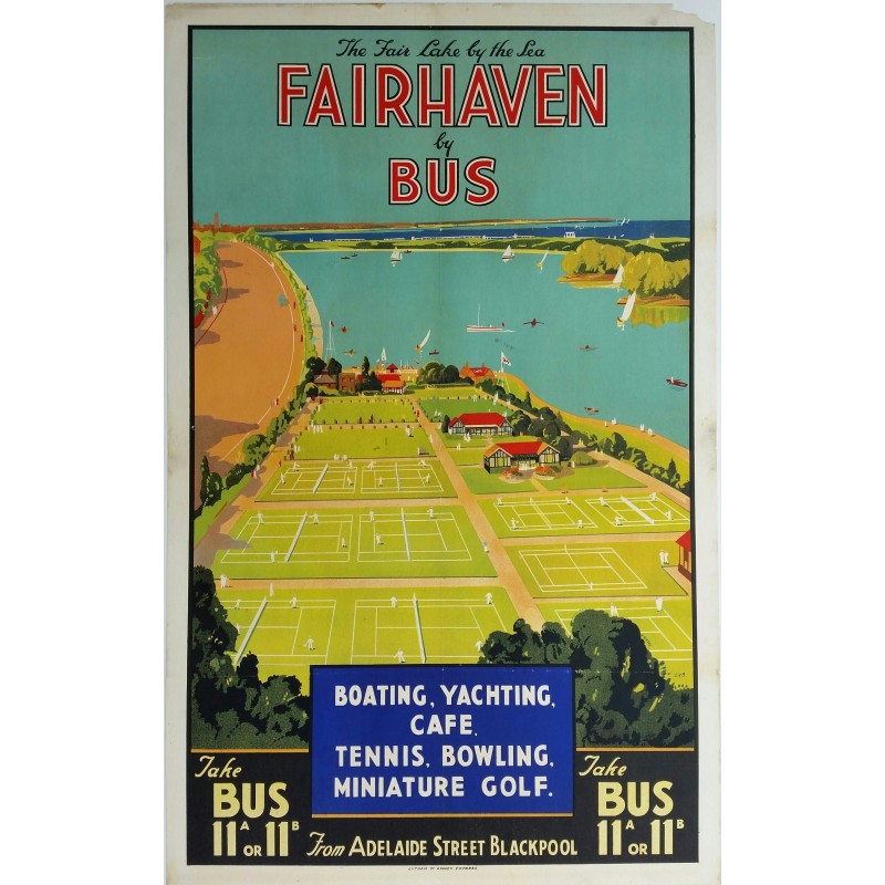 Affiche ancienne originale Fairhaven by bus - Boating Yachting Tennis Bowling Miniature Golf