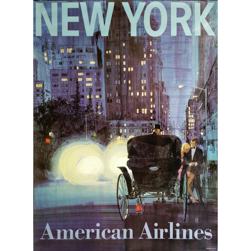 Affiche ancienne originale American Airlines New York Central Park Carriage