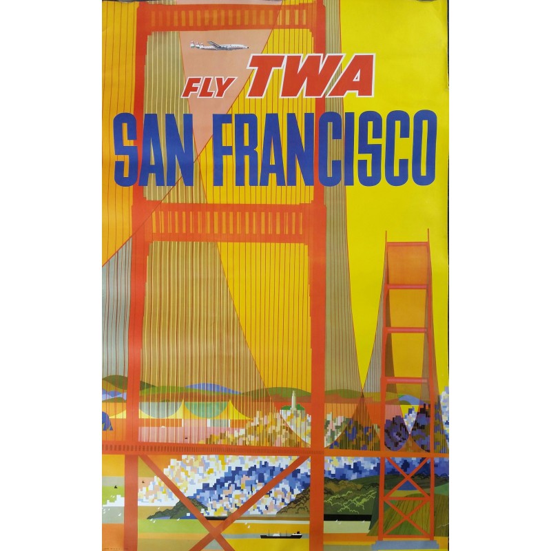 Original vintage poster Fly TWA SAN FRANCISCO with constellation plane - David KLEIN