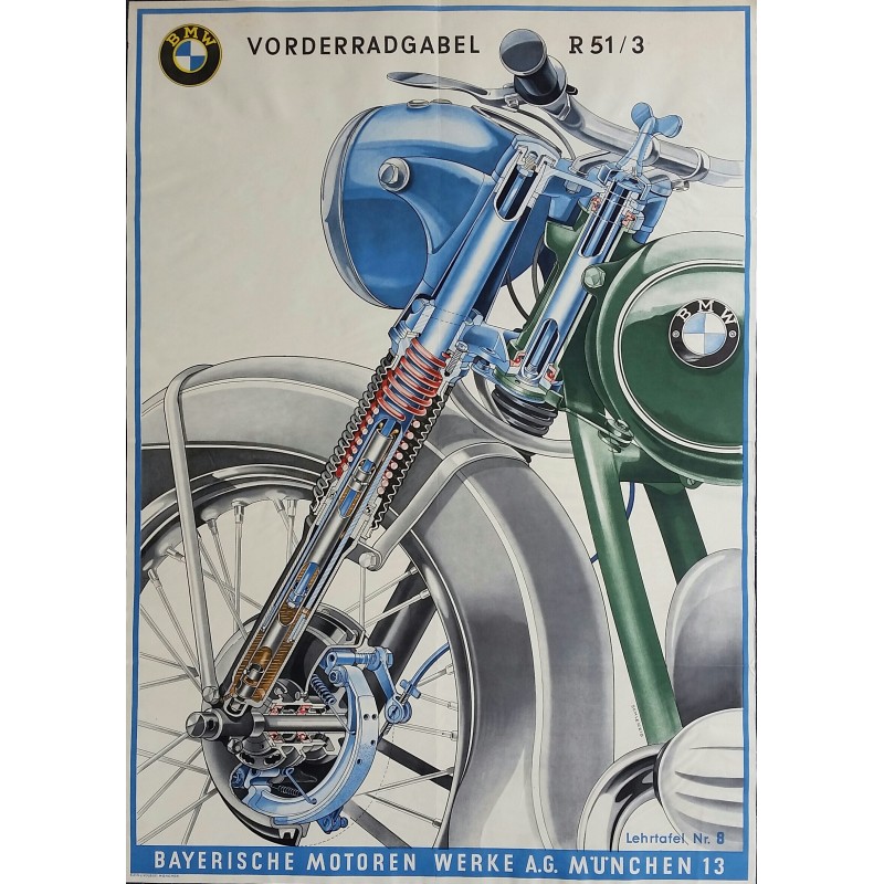Original vintage motobike poster BMW front wheel fork of R51-3 - SCHLENZIG