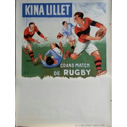Affiche ancienne originale KINA LILLET Grand Match de Rugby bleu - André GALLAND