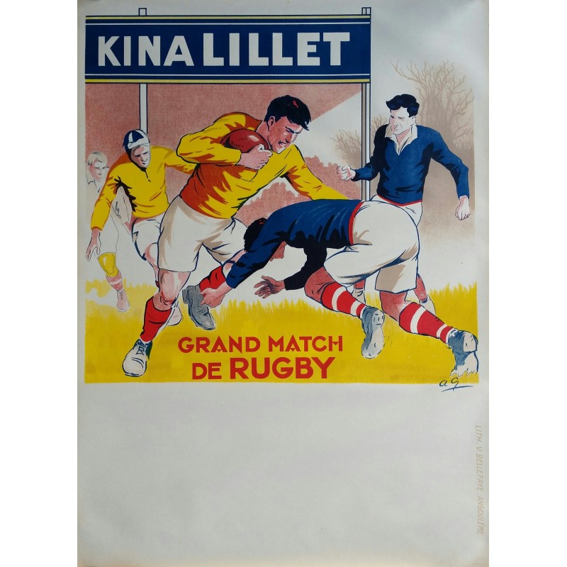 Affiche ancienne originale KINA LILLET Grand Match de Rugby jaune - André GALLAND