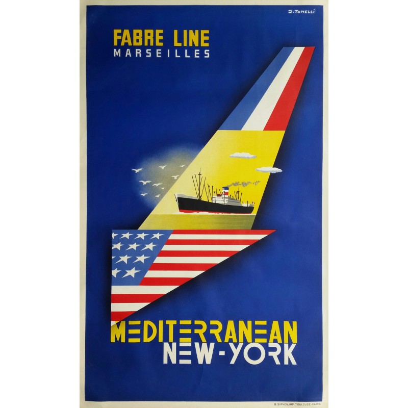 Affiche ancienne originale Fabre Lines Marseille Mediterranean New-York - J TONELLI