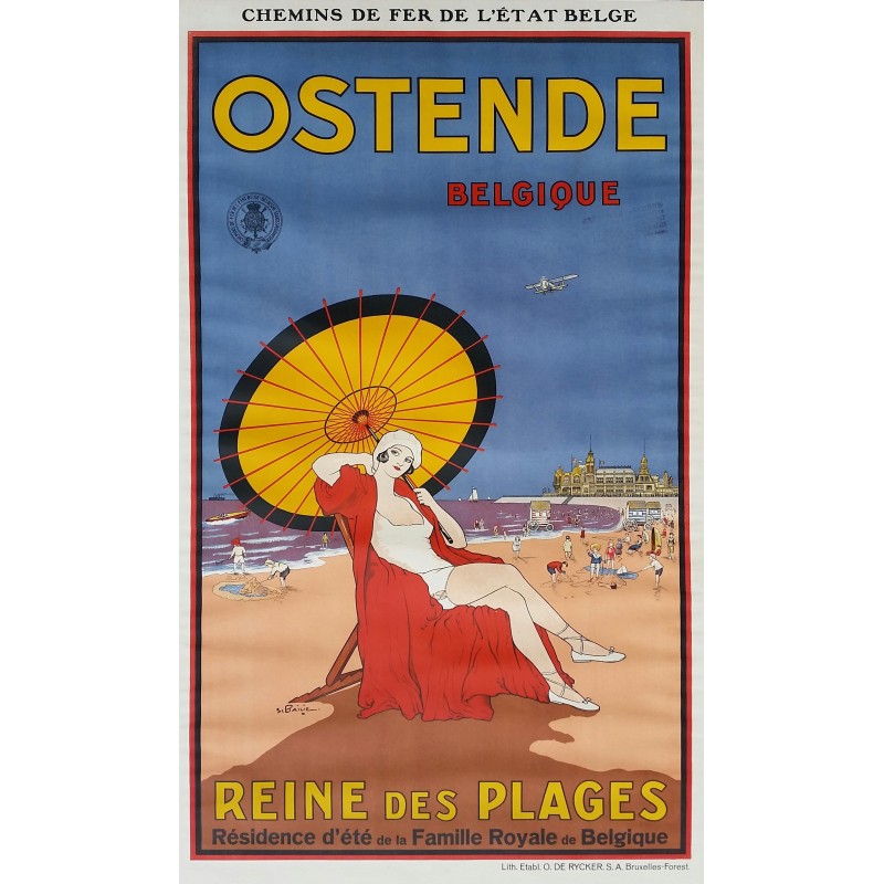 Affiche ancienne originale Ostende Belgique Reine des Plages - BAILIE Samuel Colville