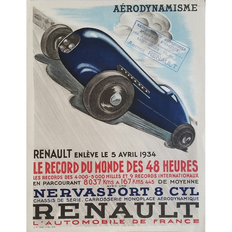 Affiche ancienne originale Renault Aérodynamisme Record du monde des 48 heures 1934