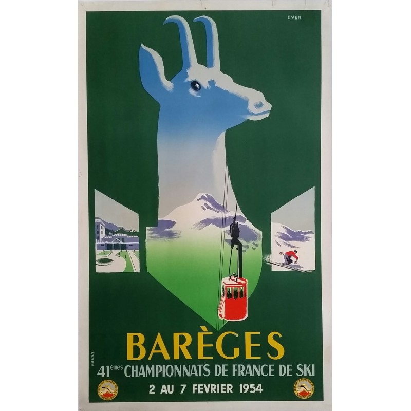 Affiche ancienne originale Barèges 41ème championnats de France de Ski 1954 - EVEN