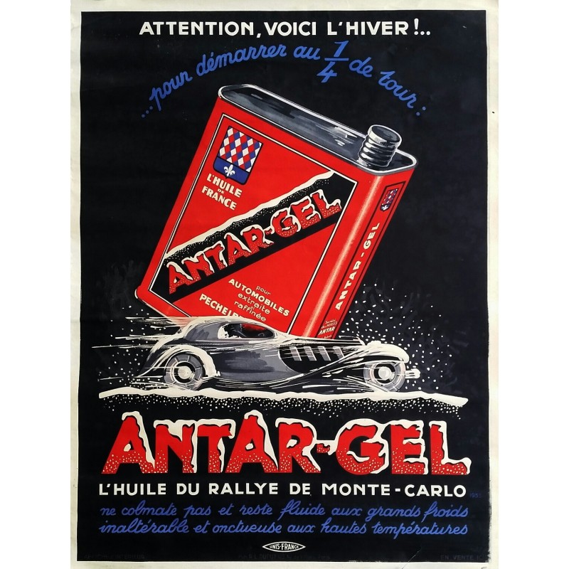 Affiche ancienne originale Antar-Gel L'huile du rallye de Monte-Carlo