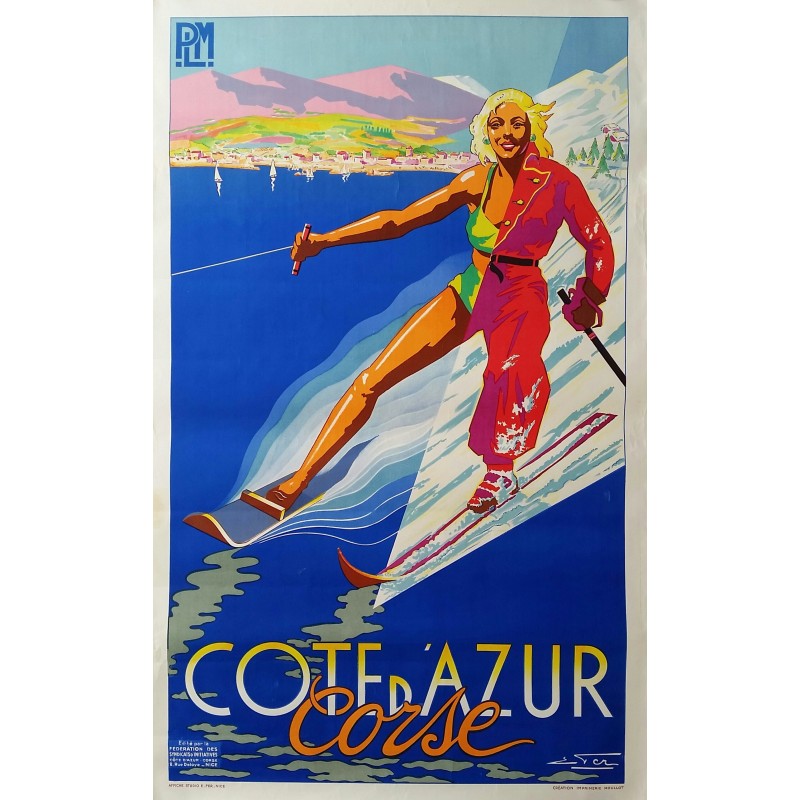 Affiche ancienne originale Côte d'Azur Corse PLM MOULLOT - E FER