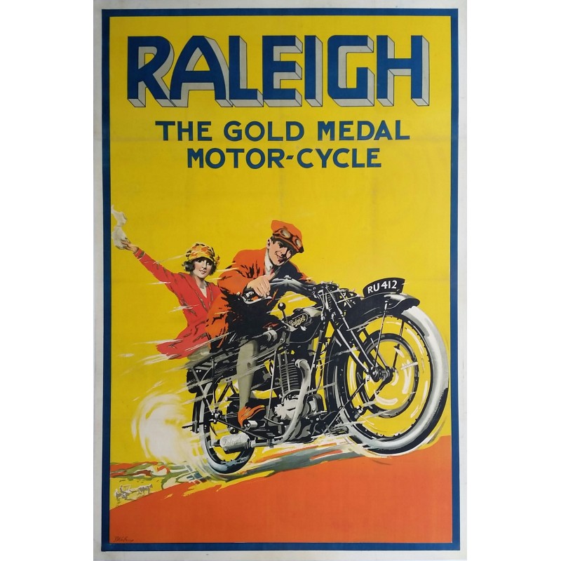 Affiche ancienne originale RALEIGH The gold medal Motor-Cycle  - S.W. LEFEAUX