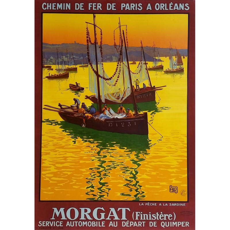 Affiche ancienne originale Chemin de fer Morgat Finistère La pêche à la sardine - ALO