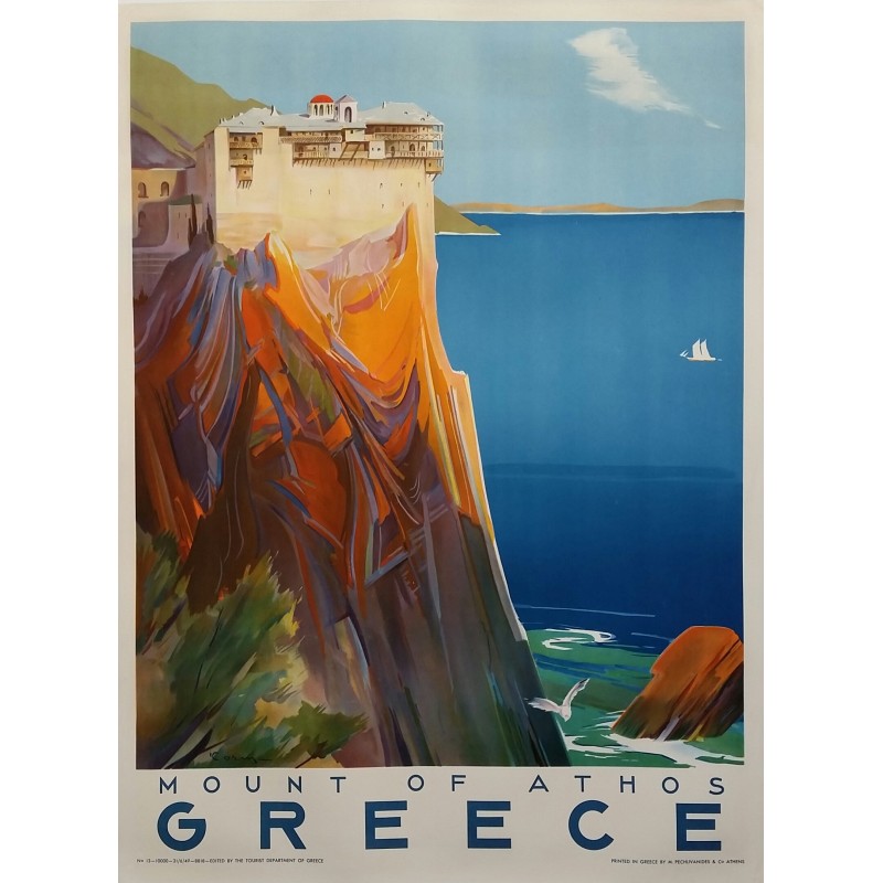 Affiche ancienne originale Mount of Athos Greece 1949