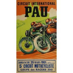 Original vintage motorcycle poster Pau Circuit International Coupe des racers 500 - 1951 - André BERMOND