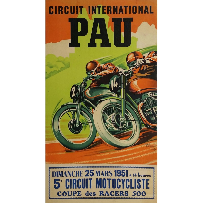 Affiche ancienne originale Pau Circuit International Coupe des racers 500 - 1951 - André BERMOND
