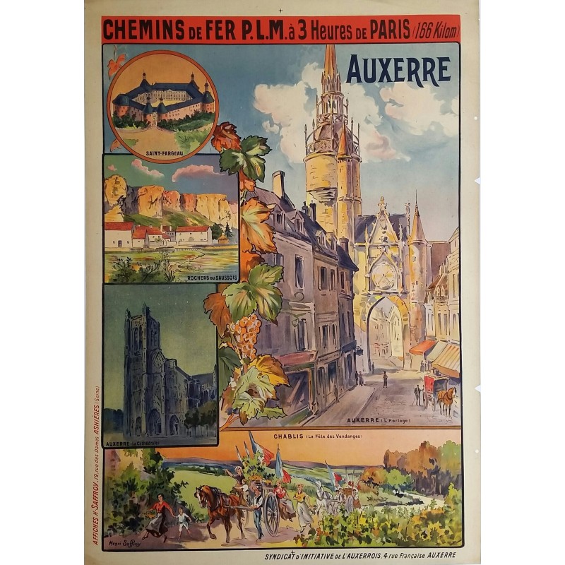 Affiche ancienne originale Auxerre Chemin de Fer PLM - Henri SAFFROY