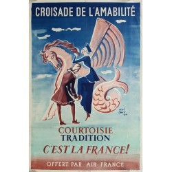 Affiche ancienne originale Croisade de l'amitié Offert par Air France  - 1950 - Hervé BAILLE