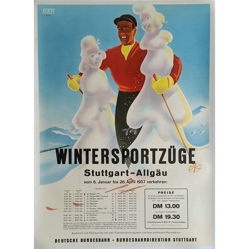 Affiche ancienne originale Ski Wintersportzüge Stuttgart Allgäu - Senger OBERJOCH