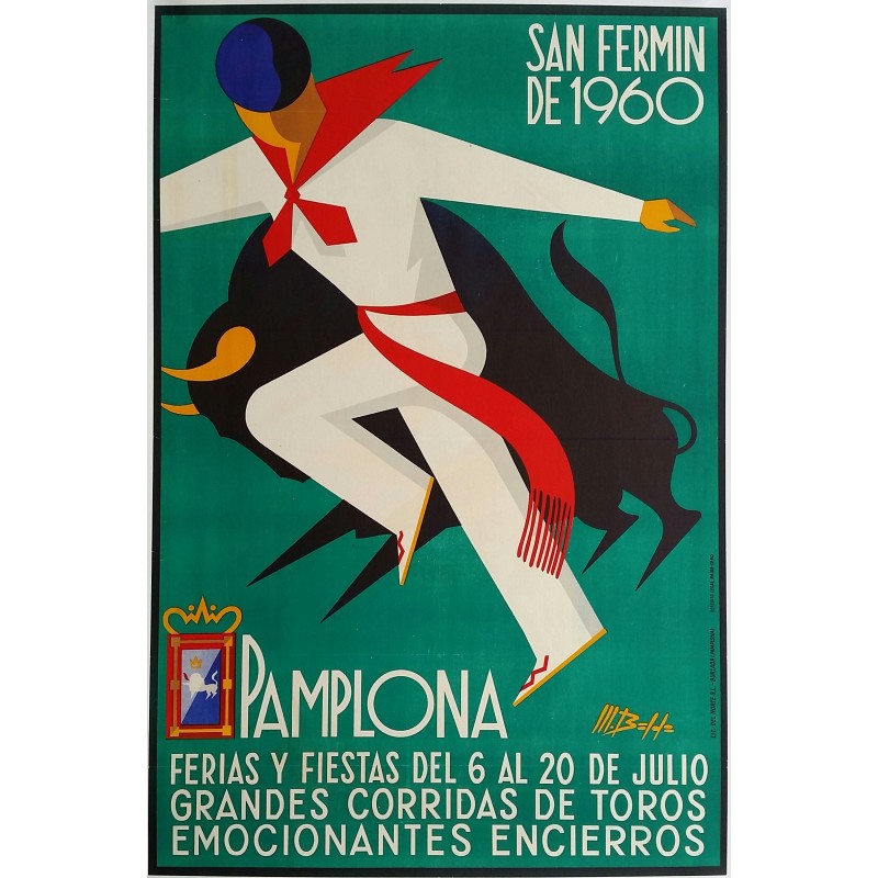 Affiche ancienne originale Pamplona San Fermin de 1960 Corrida Feria Fiesta - Martin BALDA
