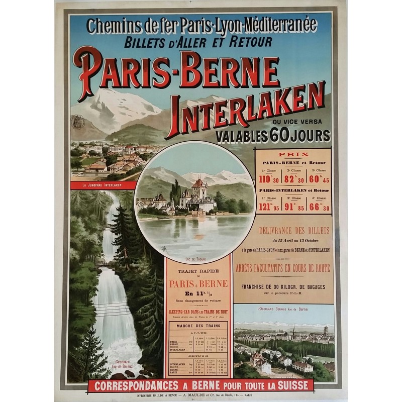 Affiche ancienne originale PLM Paris Berne Interlaken